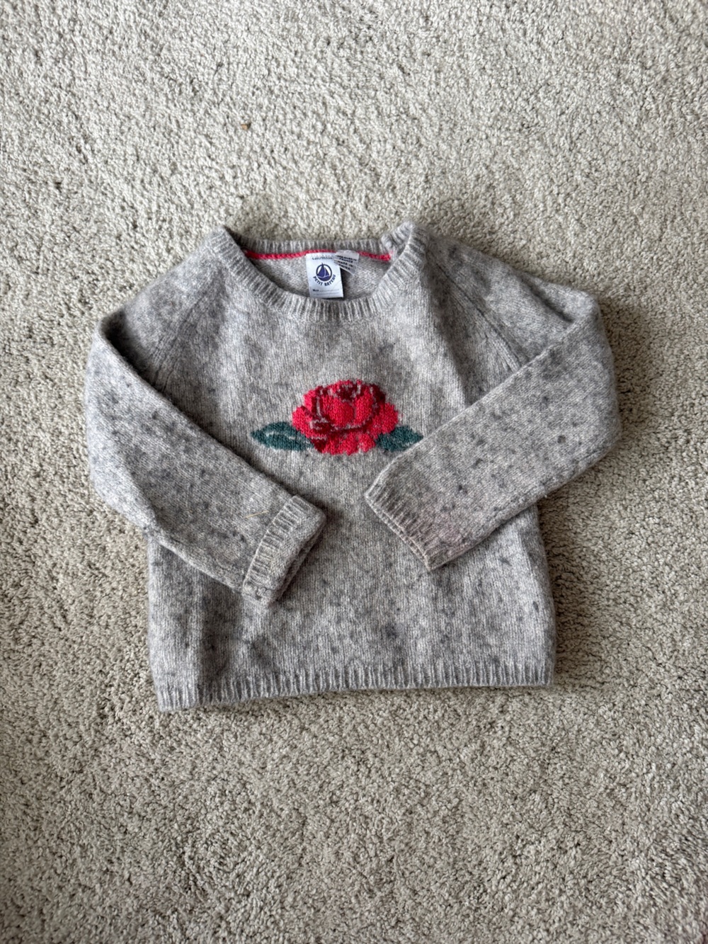 Petit Bateau Heather Gray Kids Sweater with Red Rose